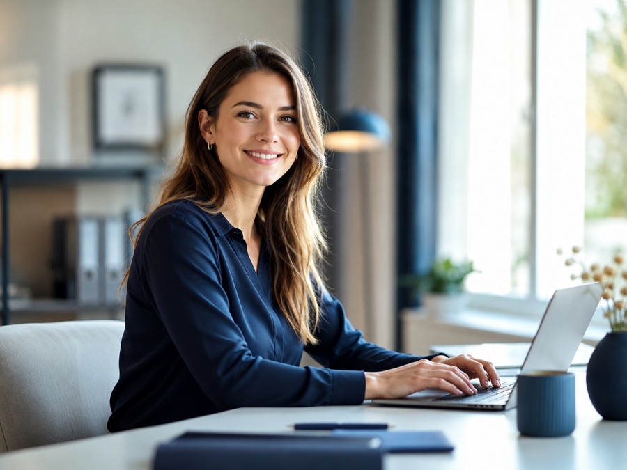 Lächelnde Fachangestellte am Laptop im hellen Büro