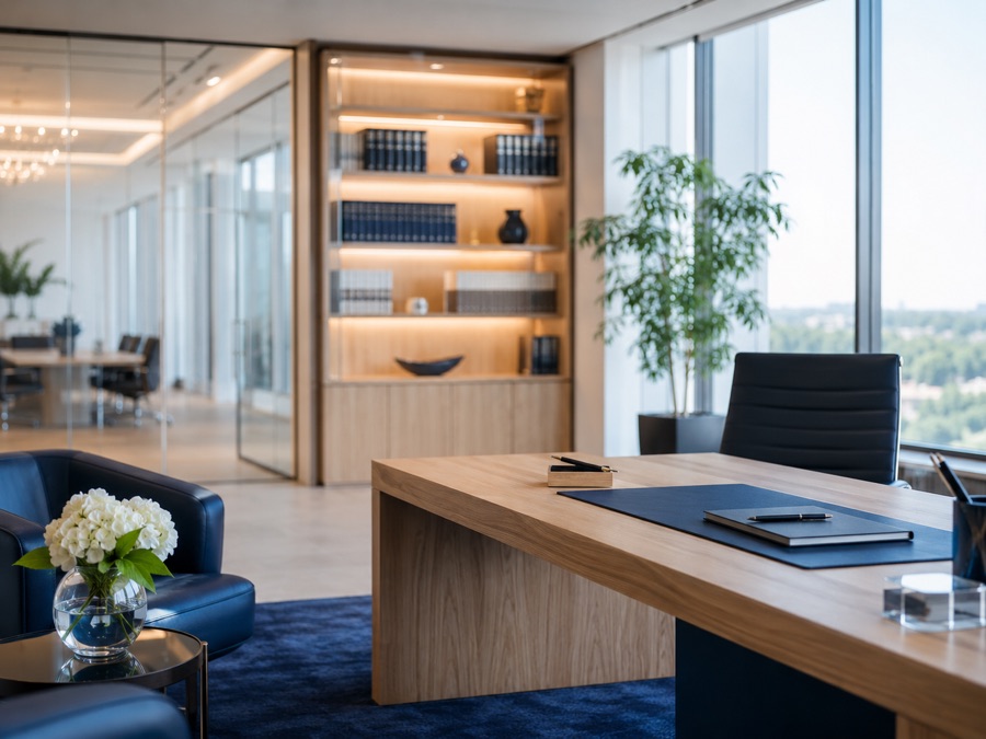 Modernes, elegantes Kanzlei-Büro mit Navy-Akzenten